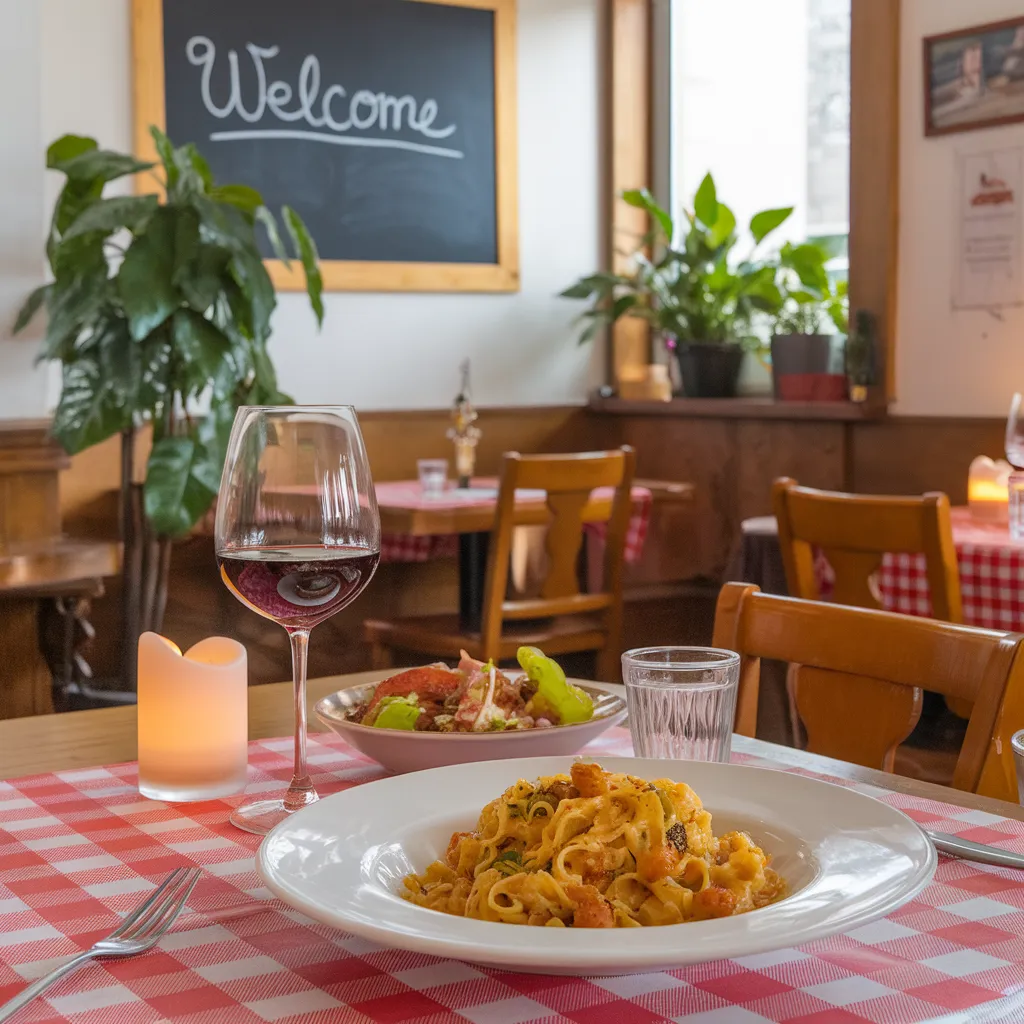 A photo of a lively bistro with a red and white checkered tablecloth. There's a glass of red wine, a plate of pasta, and a candle on the table. The background contains a chalkboard sign with "Welcome" written on it. There's a potted plant on the left side. The room has wooden furniture, and there's a small window near the plant.