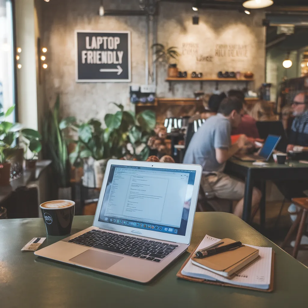 A photo of a laptop-friendly coffeeshop in Chiswick. There's a laptop open on a table, with a cup of coffee and a notebook beside it. The background reveals a few other customers, and there are plants scattered around the shop. The walls have a rustic look and there's a sign that says "Laptop Friendly".