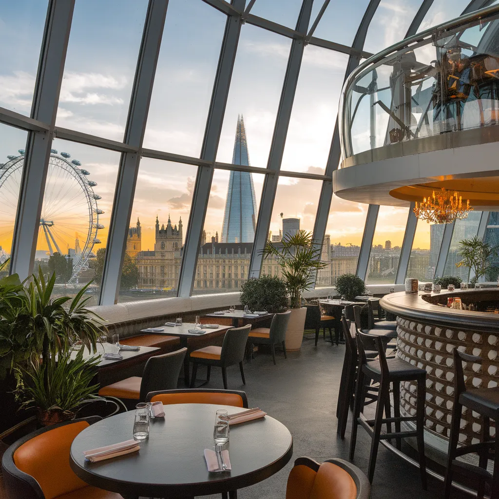 A photo of a fine dining experience at a restaurant with a unique setting. The restaurant is located on the top floor of a building, and there are large windows that offer a panoramic view of London's skyline. The dining area has a few tables and a bar. There are several potted plants and a chandelier. The background reveals the London Eye, the Houses of Parliament, and the Shard.