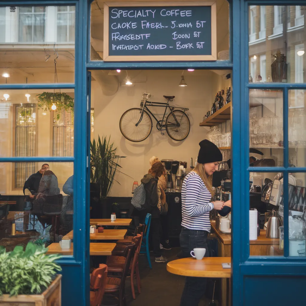 A cozy and inviting scene from London's coffee shops, with a chalkboard sign above the door listing the day's specialty coffee offerings. Inside, there are wooden tables and chairs, a few potted plants, and a vintage bicycle hanging on the wall. The barista is wearing a striped shirt and a beanie, and she is pouring coffee into a cup. The background contains a few customers and a window with a view of the street.