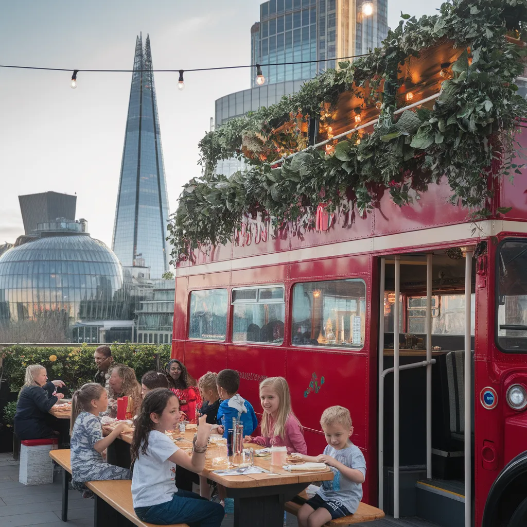 A photo of a kid-friendly attraction in London. There's a double-decker bus transformed into a restaurant, with the top deck covered in greenery and the bottom deck featuring a menu. Kids are dining at the table. The background reveals the London skyline with iconic buildings such as the Shard and the Walkie-Talkie building. The atmosphere is lively.