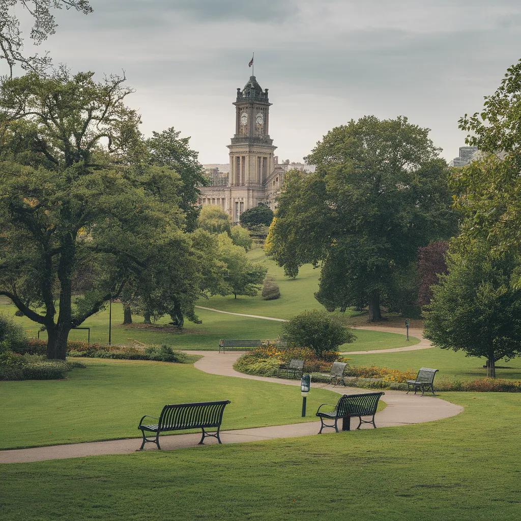 A photo of a lush green park with a winding path, benches, and a few people walking. In the background, there is a historic building with a clock tower. The park has a variety of trees, including oaks, planes, and elms. There are also flowers and shrubs. The ground is covered with green grass. The sky is overcast.