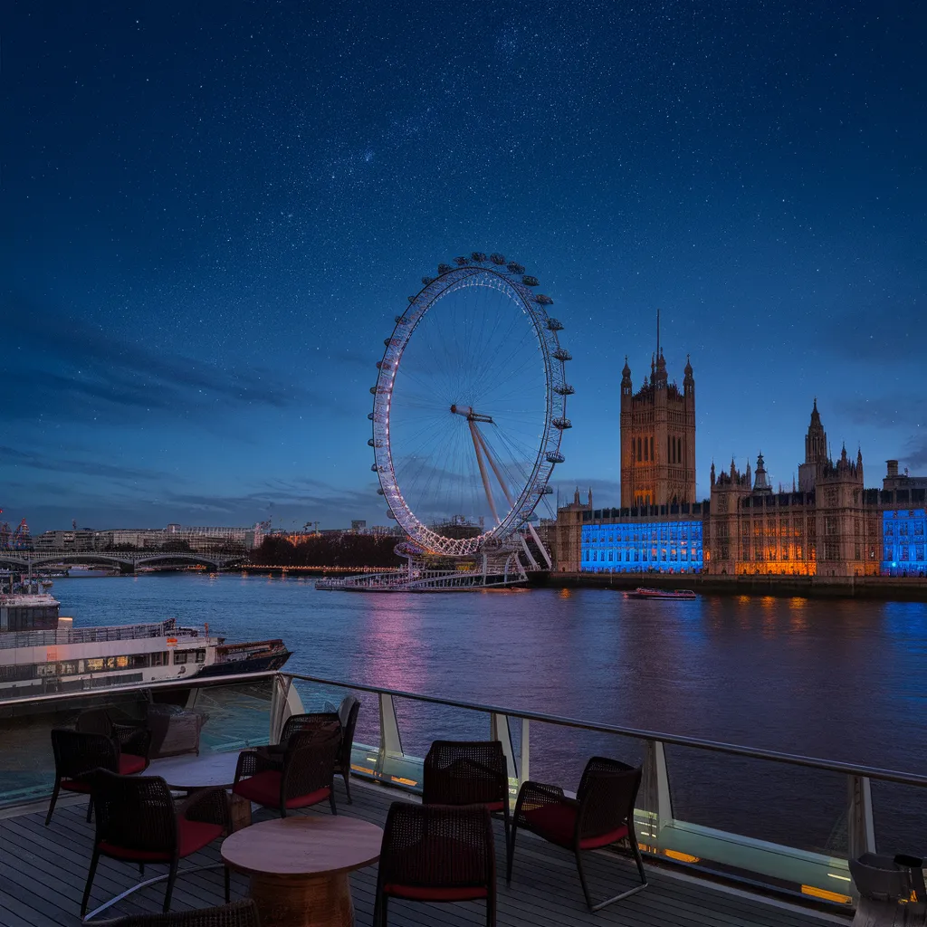 A photo of the London Eye at night with a clear sky filled with stars. The river Thames is calm, with a few boats. In the foreground, there's a wooden deck with chairs. The background contains the Houses of Parliament, with its distinctive clock tower.