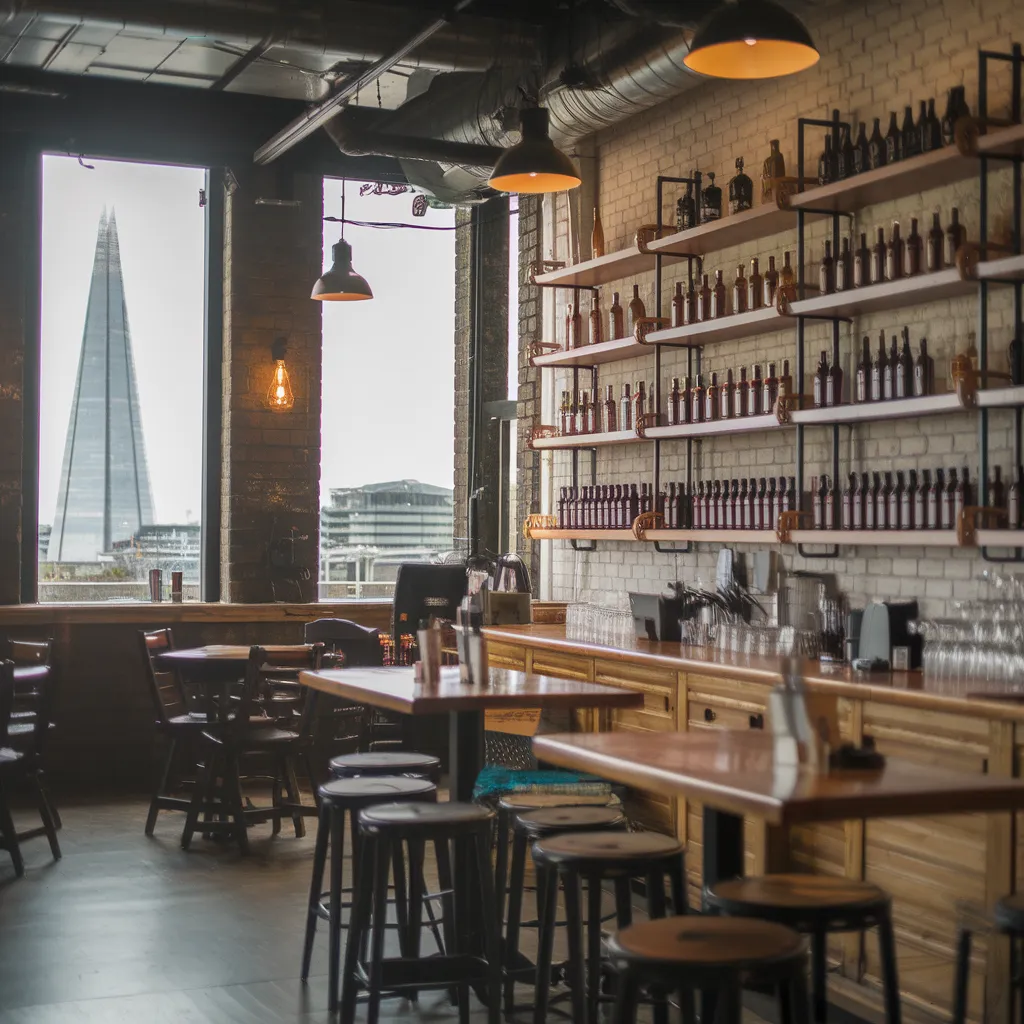 A photo of a craft beer bar with wooden furniture and shelves. There are various craft beer bottles on the shelves. The bar is located in a cozy room with a brick wall and industrial lighting. The room also has a few tables and chairs. In the background, a landmark of London, the Shard, is visible through the windows.