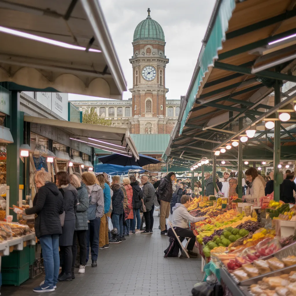A photo of a vibrant market with various food stalls. There are people standing in line or sitting at tables. In the background, there's a large clock tower with a green dome. The background is filled with a variety of food items, including fresh fruits, vegetables, and baked goods. The overall ambiance is lively and bustling.