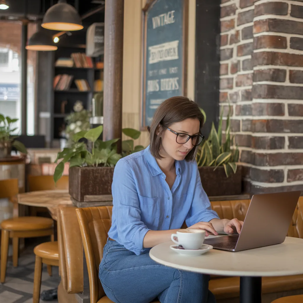 A photo of a woman sitting at a table in a cafe, using a laptop. She is wearing a blue shirt and glasses. There is a cup of coffee on the table. The cafe has a rustic decor with wooden furniture, brick walls, and potted plants. The background contains a vintage sign and some shelves with books.