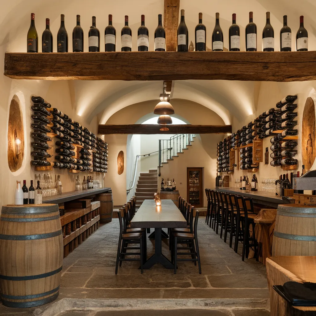 A photo of a wine bar with a rustic charm. There's a wooden beam across the top of the room, and the walls are adorned with wine bottles. There's a long table in the middle of the room with chairs. The floor is made of stone. In the background, there's a staircase. The lighting is warm and inviting.