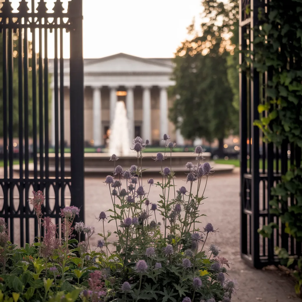 A warm, inviting photograph captures the elegance of Thistle Bloomsbury Park's Edwardian setting at dusk. In the foreground, a beautifully manicured garden with vibrant thistles and blooming flowers frames a classic iron gate adorned with delicate vines. Beyond the gate, the silhouette of Russell Square’s iconic fountain and the British Museum’s grand columns are faintly visible through soft, golden evening light, casting a serene glow over the scene.