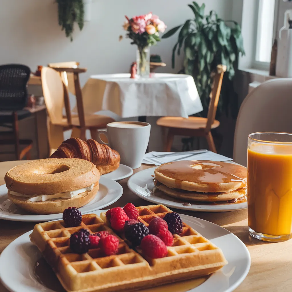 A photo of a brunch spread in a sunny room. There's a waffle with berries, a pancake with syrup, a bagel with cream cheese, and a croissant. There's a coffee and a glass of orange juice. In the background, there's a table with a white tablecloth and a vase with flowers. The room has a few chairs and a wall with a plant.