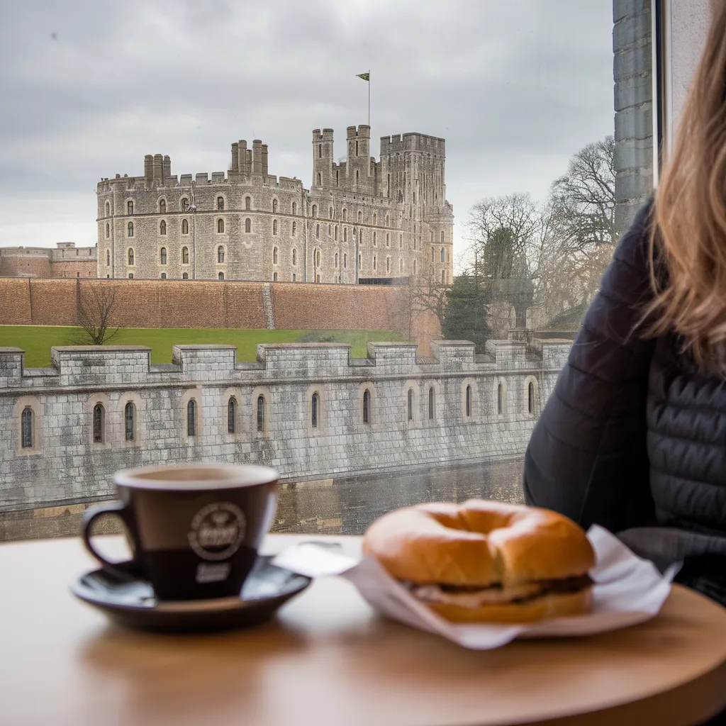 A photo of a coffee shop in Windsor with a view of the Windsor Castle. The shot is taken from the POV of a person sitting at the window. The table has a cup of coffee and a bagel. The background has the Windsor Castle, with its towers and walls. The sky is overcast.