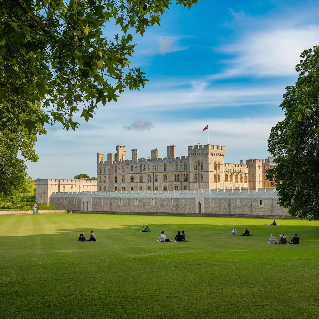 A photo of the Windsor Castle in England. In the foreground, there is a lush green lawn with people sitting on the grass. The castle is surrounded by a white wall. In the background, there is a blue sky with a few white clouds. The overall image has a serene atmosphere.