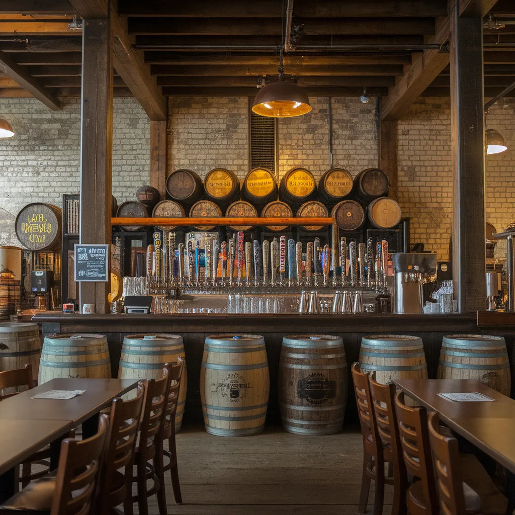 A photo of a craft beer bar with a large variety of beers on tap. There are barrels and kegs behind the bar. The bar is located in a historic building with brick walls and wooden beams. There are also wooden chairs and tables in the photo. The lighting is warm and inviting.