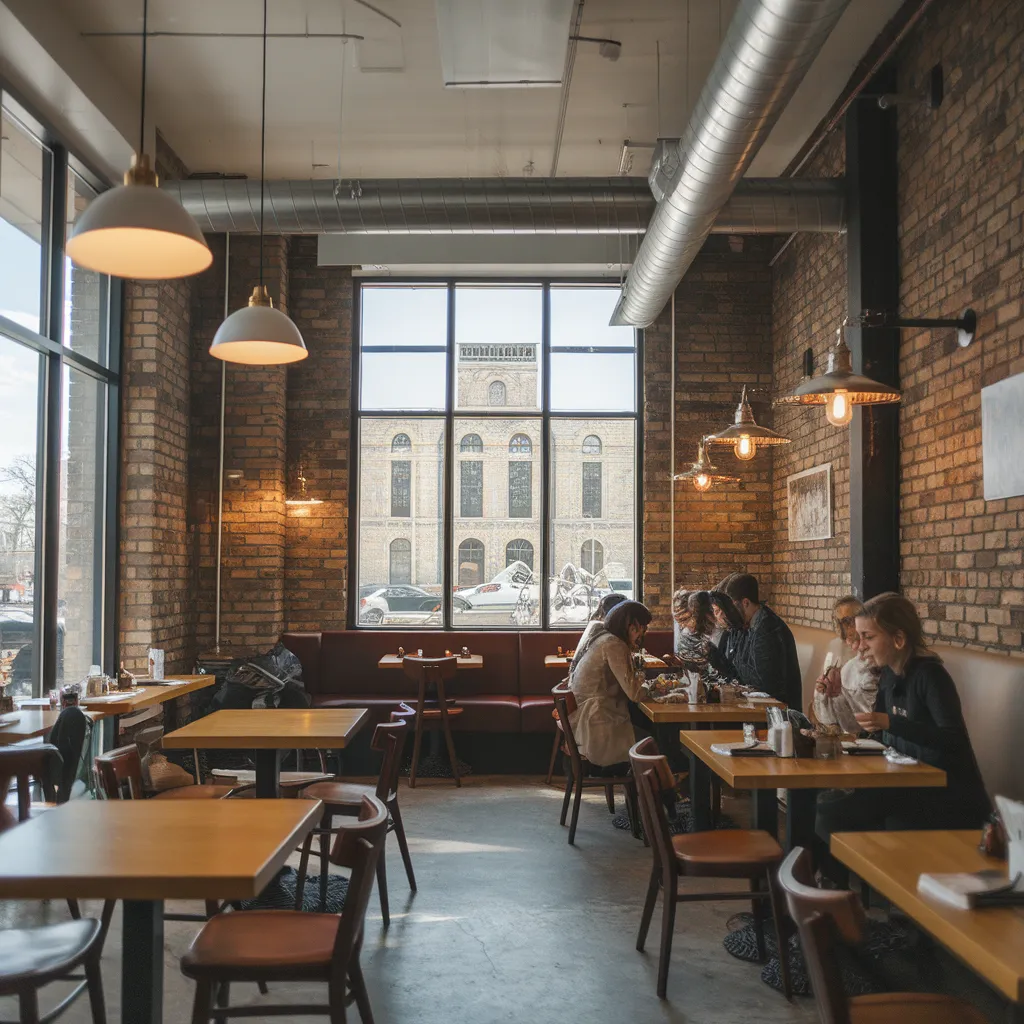 A photo of a casual eatery in Windsor with a modern, industrial design. The restaurant has exposed brick walls, wooden tables, and pendant lighting. There are a few people dining at the tables. The background reveals a landmark of Windsor, the historic Mackenzie Hall.