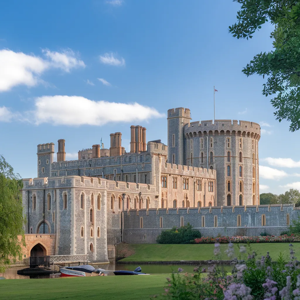 A photo of the Windsor Castle with a clear blue sky and a few white clouds. The castle walls are well preserved, with many towers and the famous round tower. There's a drawbridge and a few boats near the castle. The landscape is lush with greenery, and there are flowers near the castle walls. The image has a serene atmosphere.